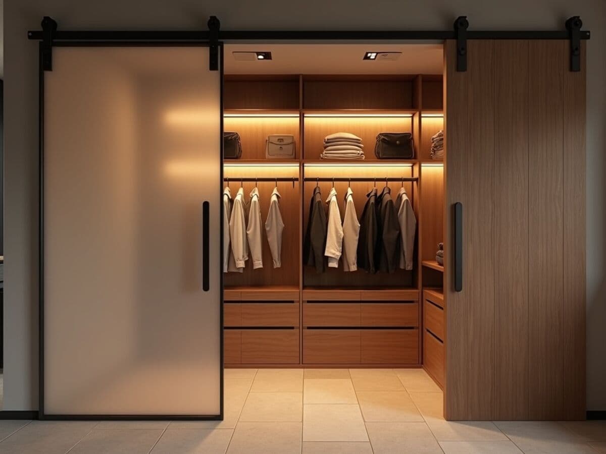 A walk-in closet with a frosted glass sliding barn door on a matte black track and warm LED interior lighting