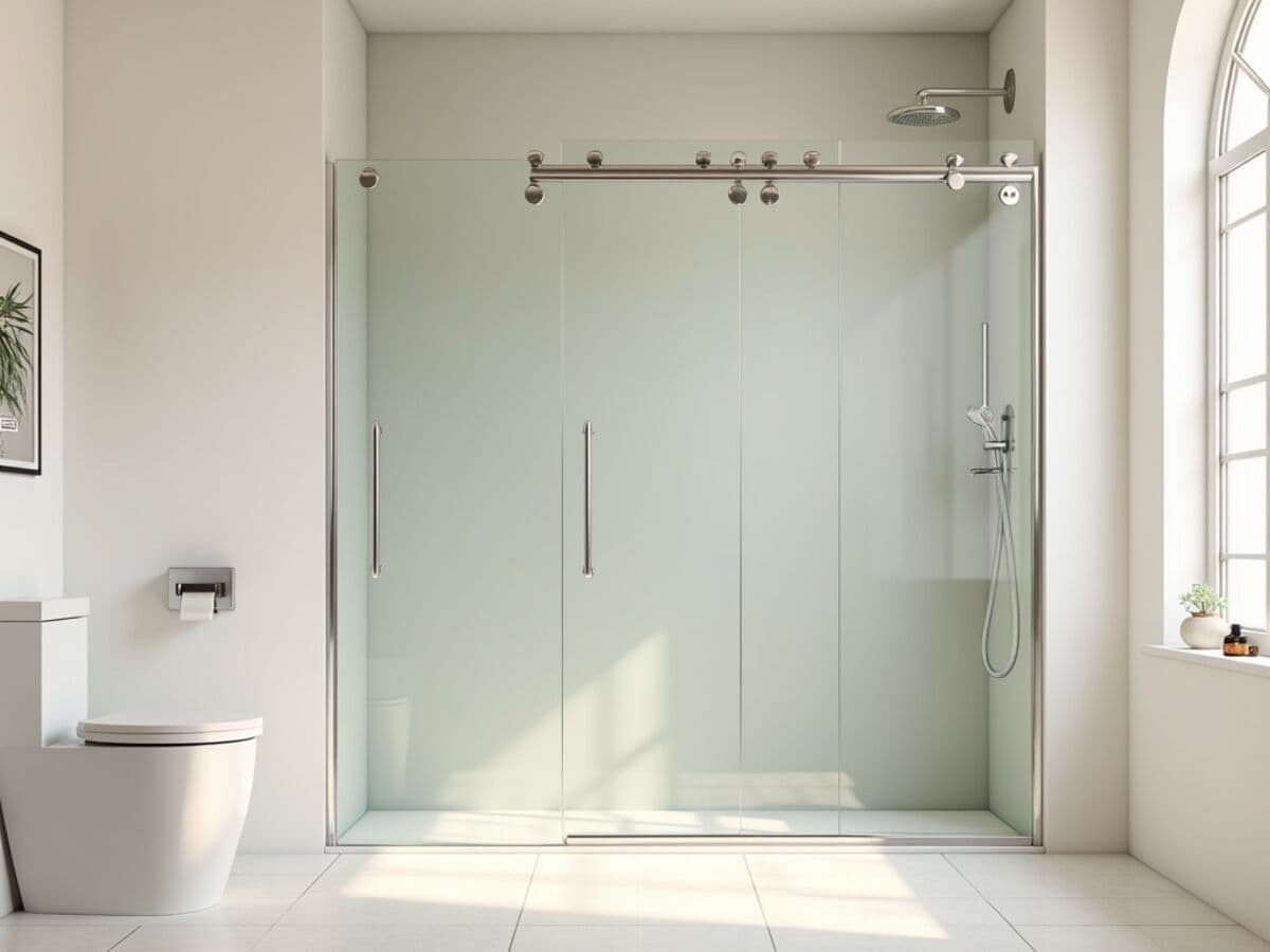 A modern bathroom with a frameless glass shower enclosure using thick tempered panels and polished chrome hinges