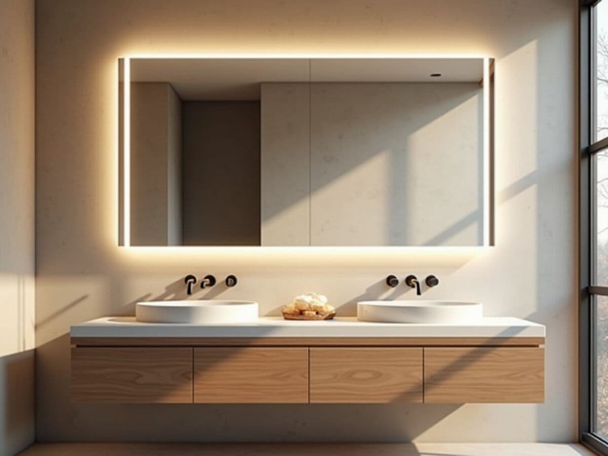 A contemporary bathroom vanity with a large full-width backlit LED mirror above a double sink and matte black fixtures