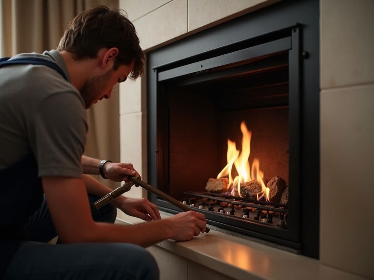 A technician using a tool to service the interior of a gas fireplace, checking the gas connections and burner