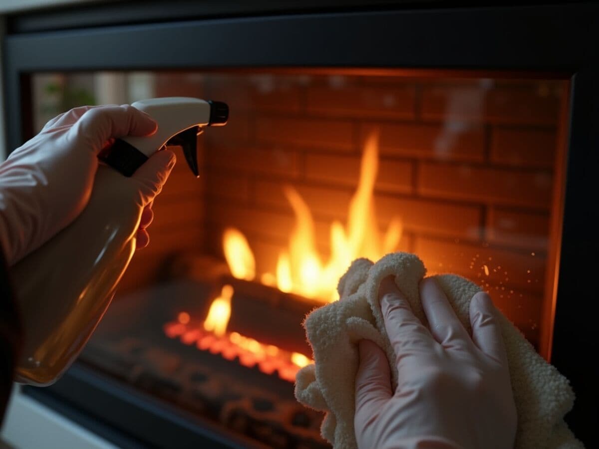 Gloved hands cleaning a gas fireplace glass panel with a soft cloth and spray cleaner