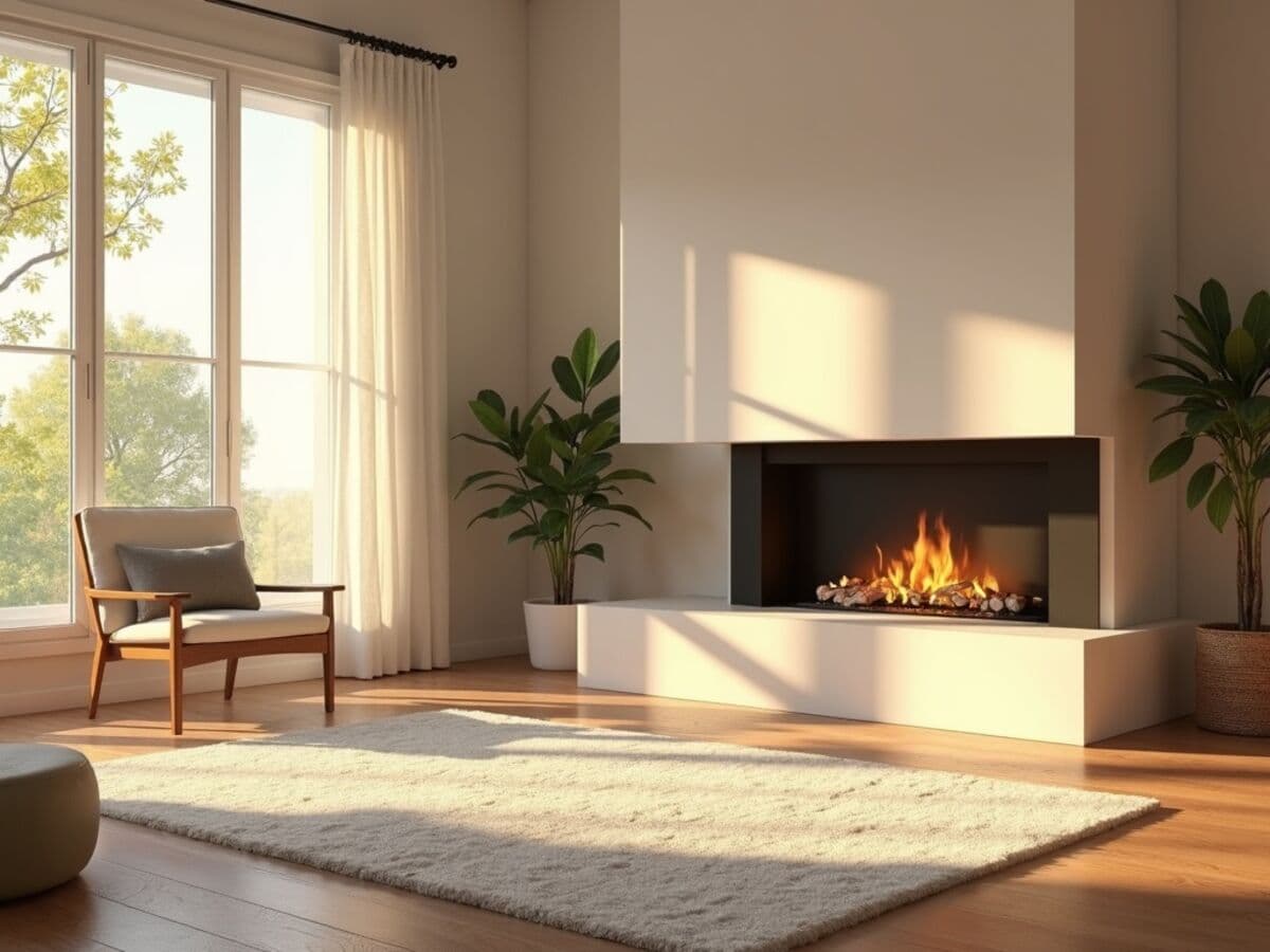 An unlit modern gas fireplace in a bright, sunlit living room with large windows during summer