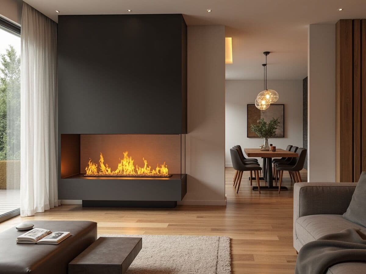 A modern see-through two-sided gas fireplace built into a wall between a living room and a dining room, flames visible from both sides