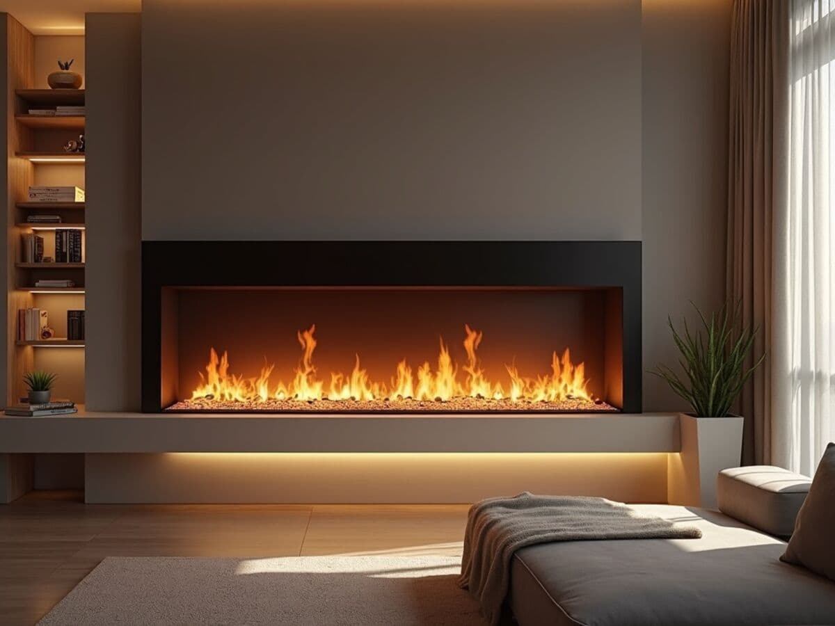A slim linear electric fireplace built into a contemporary living room accent wall with glowing LED flames