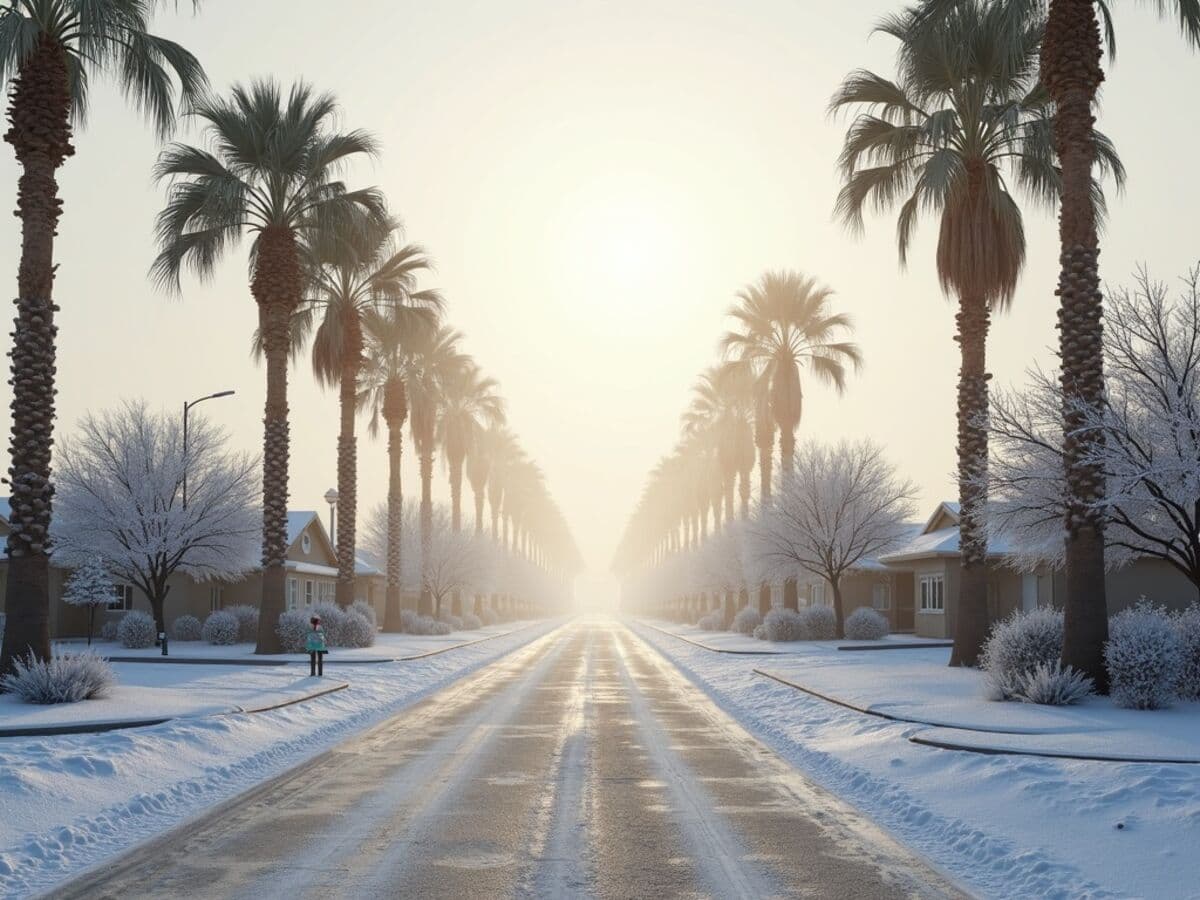 Palm trees and a suburban desert neighborhood street lightly dusted with rare snow under a grey winter sky