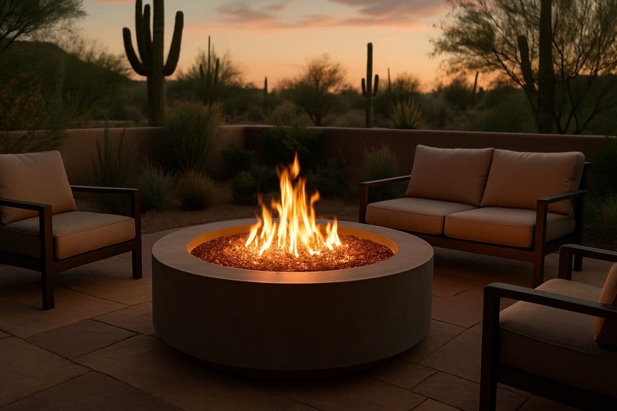 A modern round gas fire pit with glowing glass media in a desert backyard patio at dusk with surrounding seating
