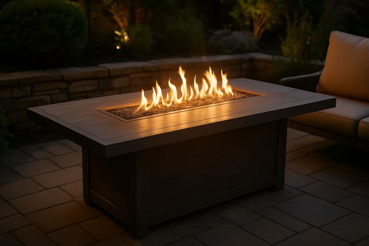 A rectangular outdoor fire table with a dining surface and a linear gas flame in the center on an evening patio