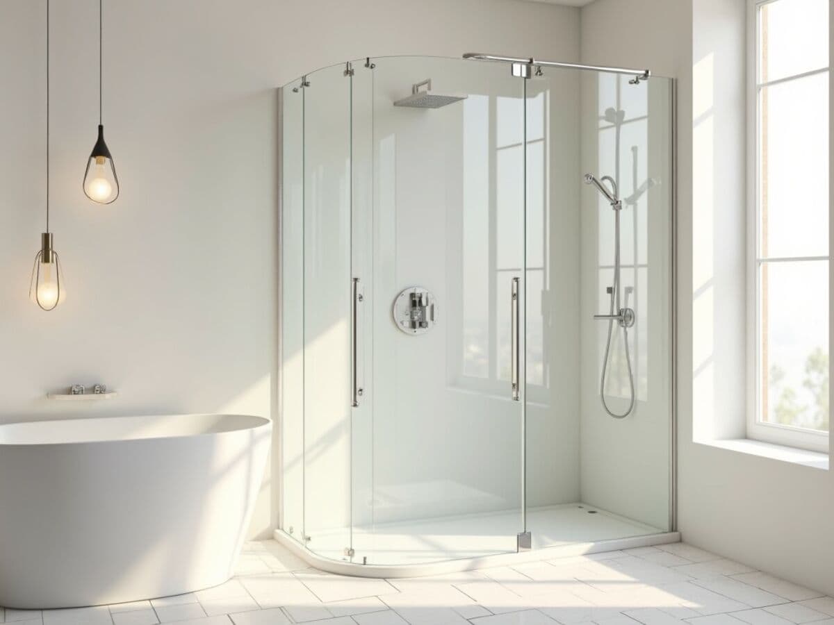 A modern frameless glass shower enclosure with clear tempered glass panels in a bright tiled bathroom