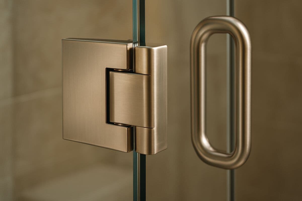 Close up of polished brushed nickel shower glass hinge and handle hardware mounted on a clear glass panel