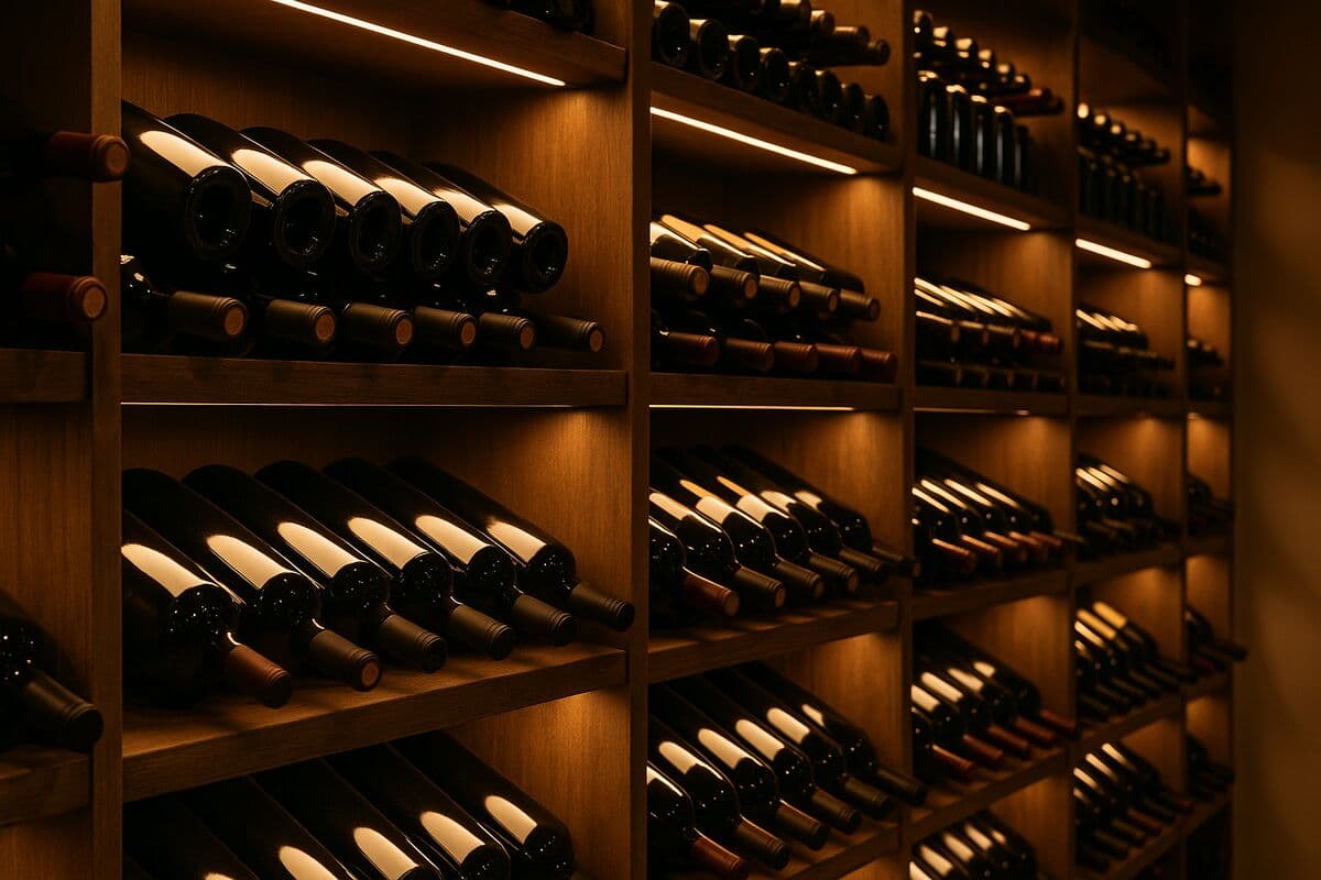 Wine cellar racking softly illuminated by warm LED strip lighting with rows of wine bottles on display