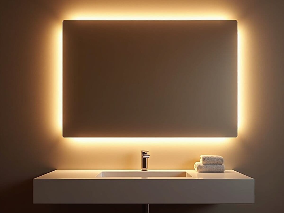 A modern rectangular bathroom mirror with soft glowing LED backlighting around its edges above a vanity counter