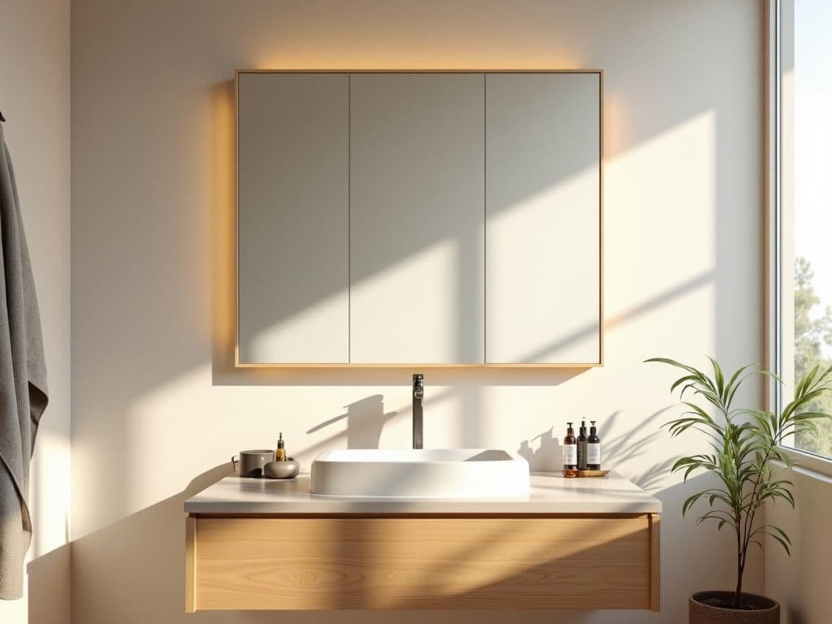 A large wall mounted mirror above a modern bathroom vanity reflecting a bright airy bathroom interior