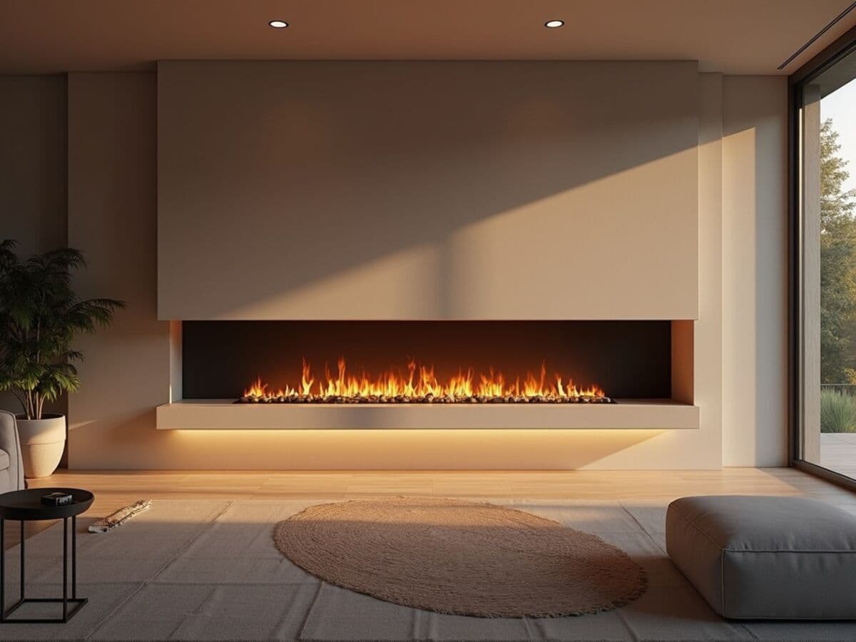 A wide linear landscape-style fireplace with a long ribbon of flames set into a smooth plaster wall of a minimalist open-plan living space
