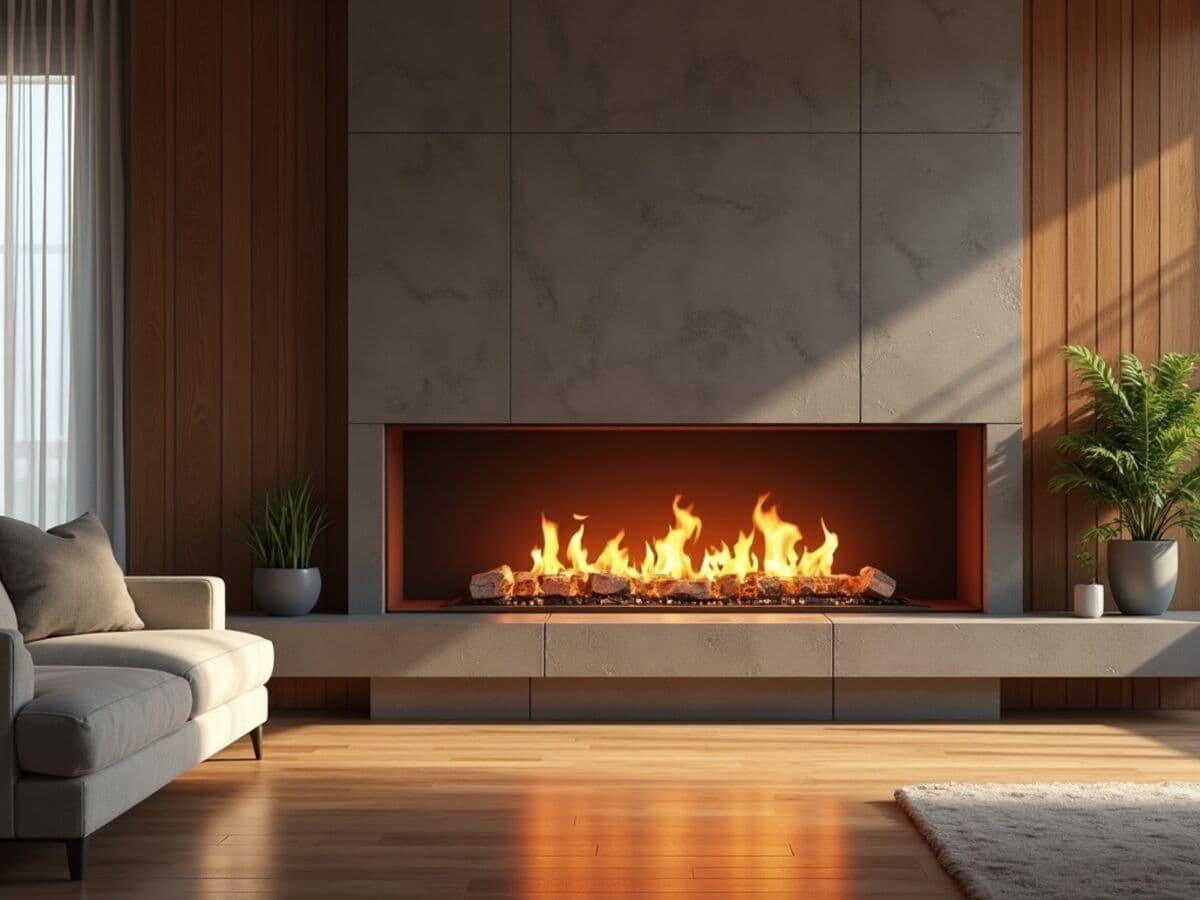 A modern built-in gas fireplace with glowing flames over a ceramic log set in a contemporary living room with a stone and wood surround