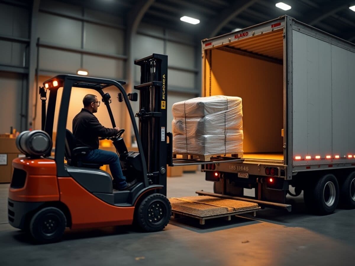 A forklift carrying a wrapped pallet across a steel dock leveler plate into a truck trailer at a distribution center loading bay