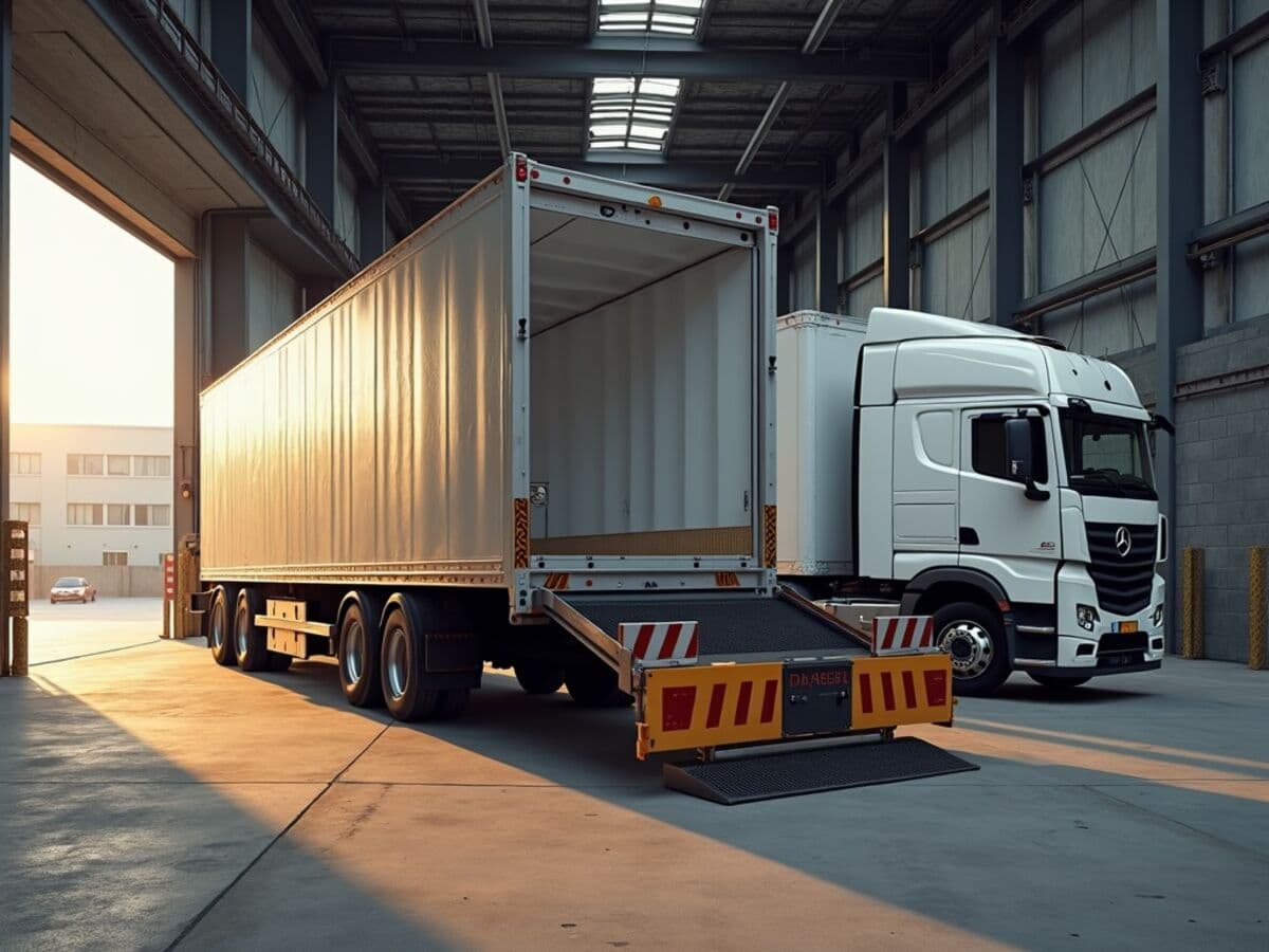 A hydraulic dock leveler forming a bridge between a concrete warehouse loading dock and the open rear of a semi-truck trailer in daylight