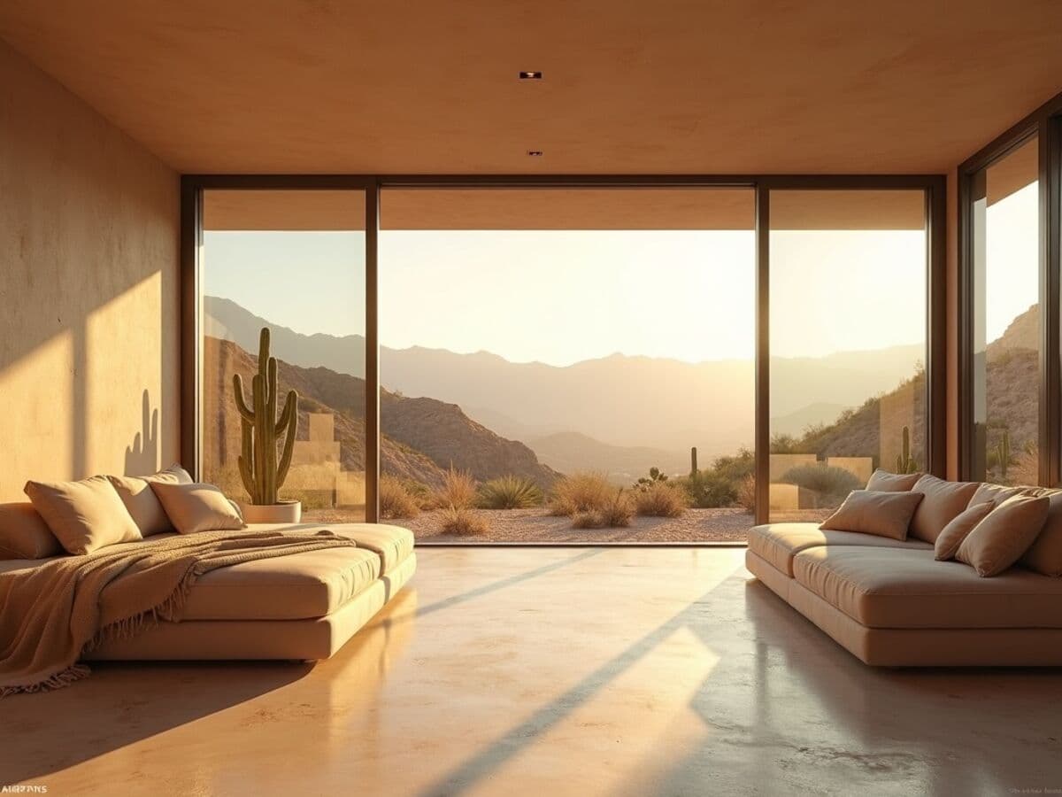 Large energy-efficient windows in a bright modern home interior with abundant natural daylight and a view of arid desert landscape and mountains outside