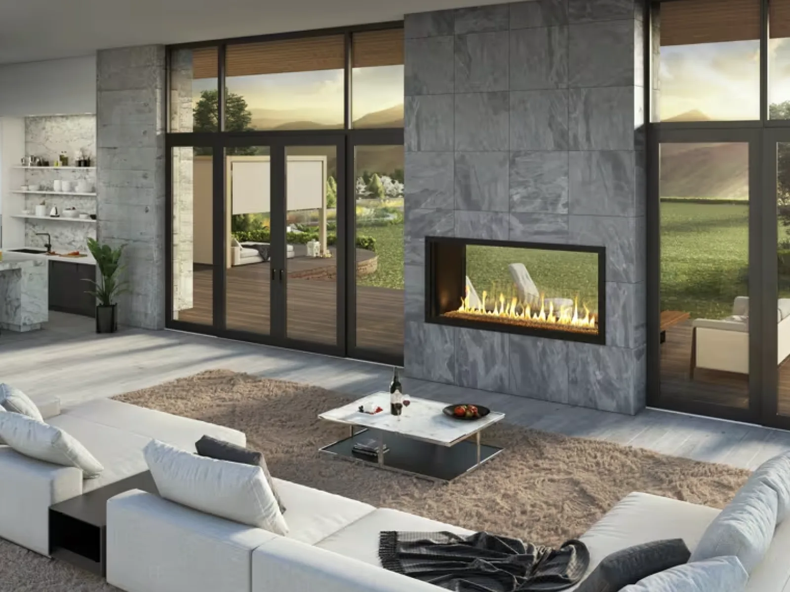 Modern Las Vegas living room with a linear fireplace and floor-to-ceiling glass