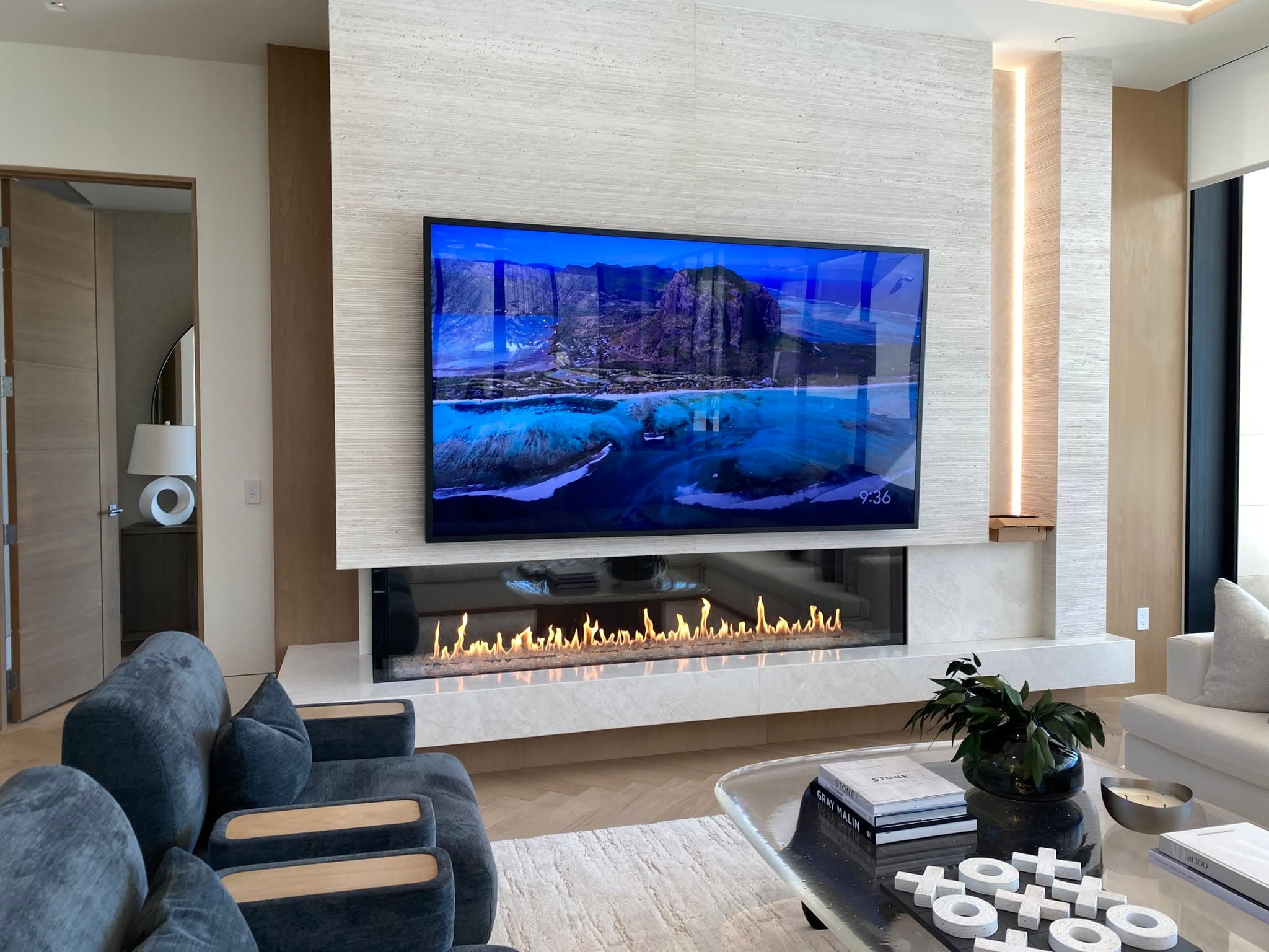 Modern linear gas fireplace in a Las Vegas living room