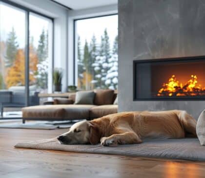 In celebration of National Dog Day, a golden retriever lies on a rug in a modern living room with large windows. Outside, a snowy winter landscape contrasts with the cozy interior, featuring a crackling fireplace and contemporary furniture.