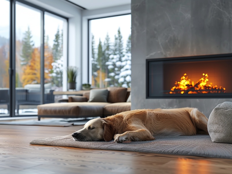 In celebration of National Dog Day, a golden retriever lies on a rug in a modern living room with large windows. Outside, a snowy winter landscape contrasts with the cozy interior, featuring a crackling fireplace and contemporary furniture.