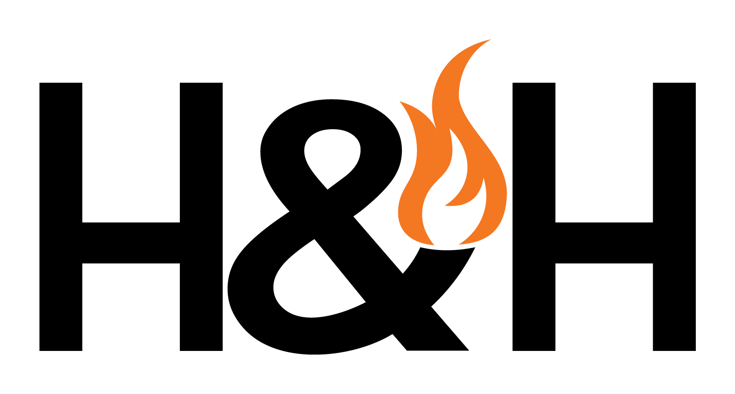 The image depicts the logo of "H&H." The logo consists of black letters "H" and "&" with a stylized orange flame integrated into the ampersand. The flame adds a dynamic and energetic element to the design, making it bold and modern—perfect for their innovative bathroom products like shower enclosures.