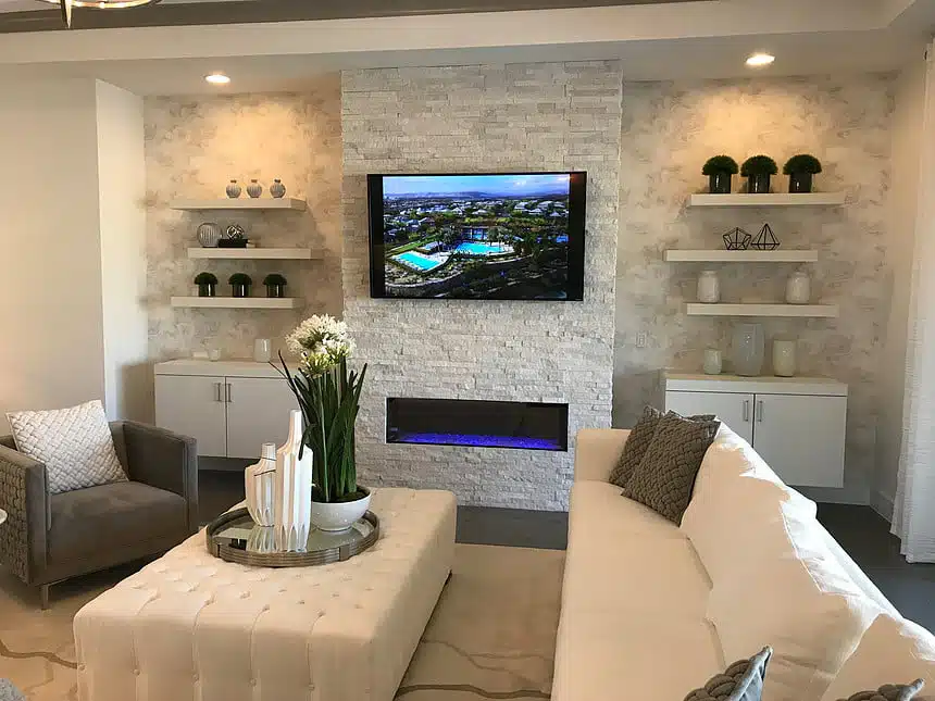 Elegant living room with a sleek fireplace