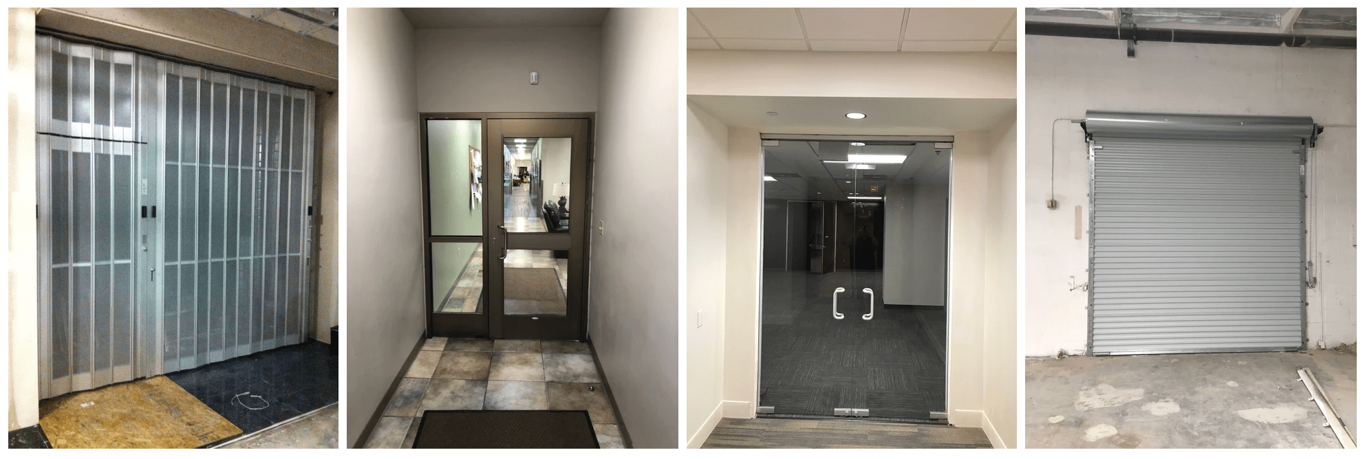 A collage depicting four types of commercial doors: a metal sliding security gate, a glass door in a tiled hallway, a modern glass door with handles in an office setting, and a closed industrial roll-up door in a warehouse. Perfectly showcases varied styles for any commercial entrance or door installation needs.