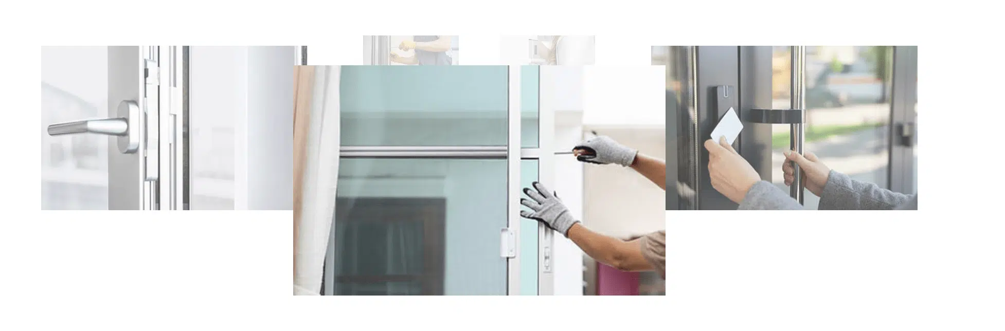 A collage of three images: first, a close-up of a hand unlocking a door with a key; second, a person wearing gloves adjusting a glass panel door, highlighting commercial door repair; third, another person using a key card to access a door. Each image showcases different methods of door access.