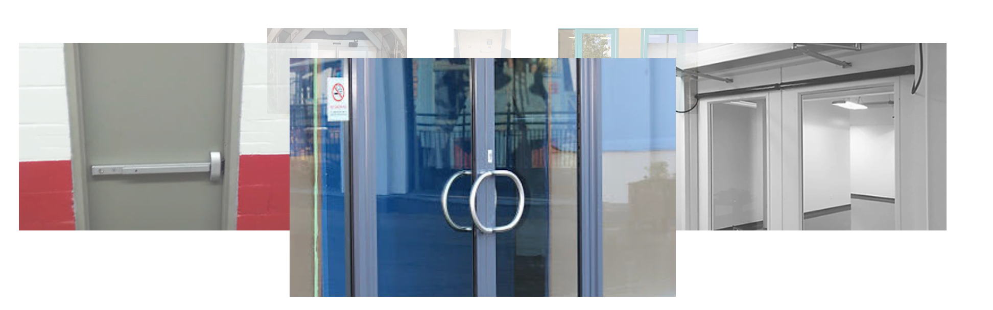 Collage of three different pedestrian doors: a gray door with a push bar; a set of glass doors with circular handles, framed by blue and white panels; and an open white door leading to an interior corridor with multiple rooms.