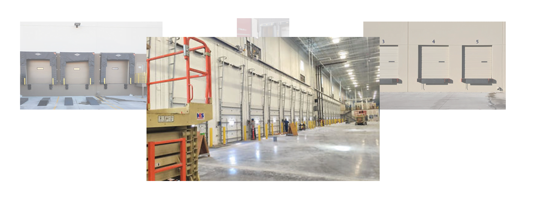 A warehouse interior with high ceilings, multiple loading docks, and a scissor lift in the foreground showcases advanced loading dock equipment. The image also shows labeled doors 1-5 and a spacious, well-lit area with various equipment and stacked pallets.