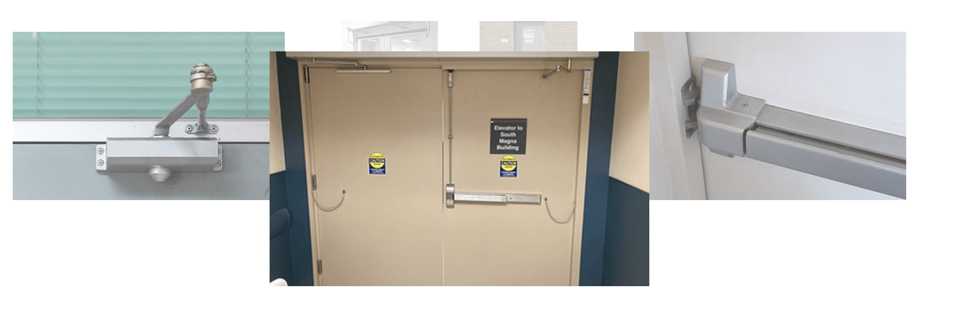 Three types of door closers are shown: a surface-mounted door closer with an arm, a heavy-duty double door with two fire-rated door closers and safety signs, and a fire safety door with a concealed closer at the frame. All doors are beige with metallic hardware.