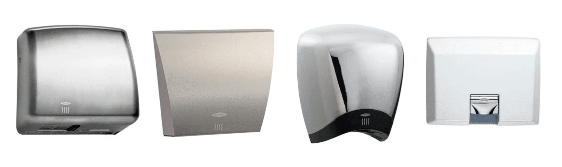 Four different models of commercial hand dryers are displayed in a row. Each has a distinct design and finish, ranging from sleek metallic to a combination of white and black. These modern hand dryers vary in shape, making them suitable for different restroom styles.