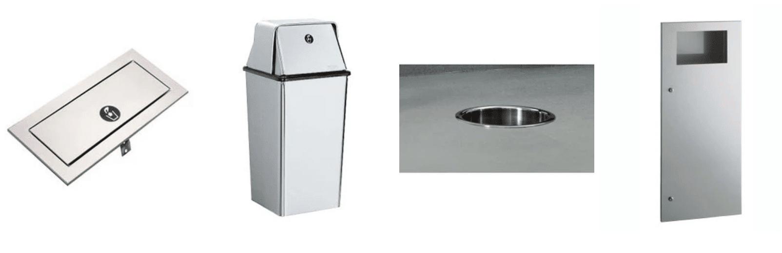 The image shows four pieces of stainless steel commercial-grade restroom equipment. From left to right: a wall-mounted paper towel dispenser, a trash receptacle, a built-in countertop waste bin, and a door with a window at the top. These waste dispensers are designed for durability and efficiency.