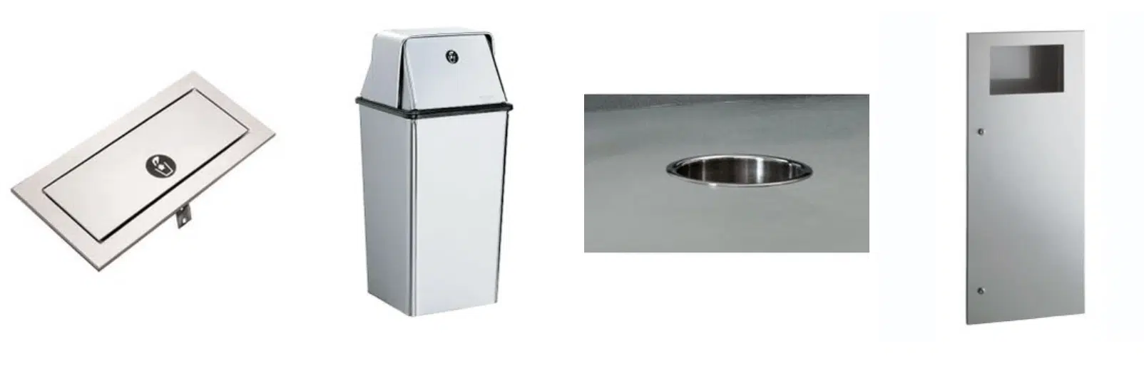 The image shows four pieces of stainless steel commercial-grade restroom equipment. From left to right: a wall-mounted paper towel dispenser, a trash receptacle, a built-in countertop waste bin, and a door with a window at the top. These waste dispensers are designed for durability and efficiency.