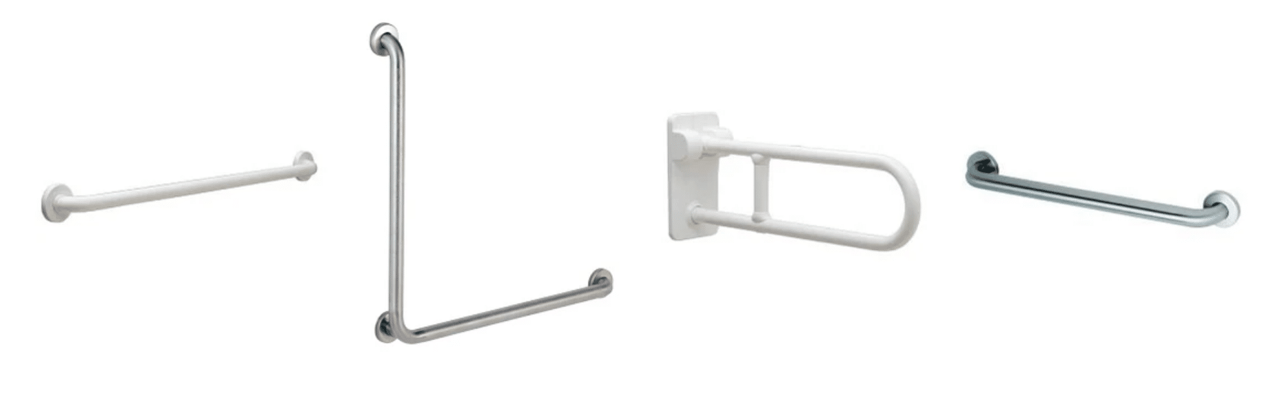 The image shows four different styles of wall-mounted safety handrails used for support and stability. The grab bars are in various shapes and finishes, including straight, L-shaped, and hinged models in white and metallic finishes.