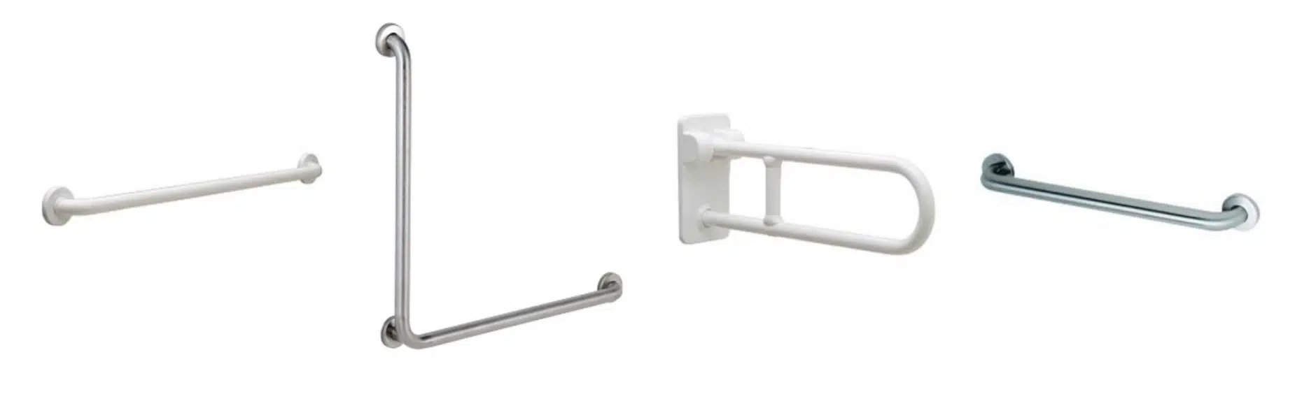 The image shows four different styles of wall-mounted safety handrails used for support and stability. The grab bars are in various shapes and finishesluding straight, L-shaped, and hinged models in white and metallic finishes.
