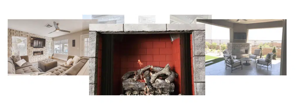 Collage featuring three images: a cozy living room with a gas fireplace and beige furniture, a close-up of the fireplace with a burning log and red-bricked interior, and a covered outdoor patio with seating, ceiling fans, and a TV. Discover the charm of warmth and consider gas fireplace repair for ultimate comfort.