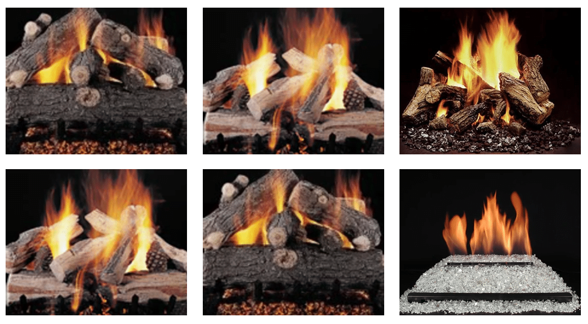 A collage of six images displaying different styles of fireplaces, including traditional wood-burning and modern gas log sets. Each square image depicts logs on fire with flames of varying sizes, colors, and arrangements. The bottom right image shows a rectangular fire pit with bright flames over glass pebbles.