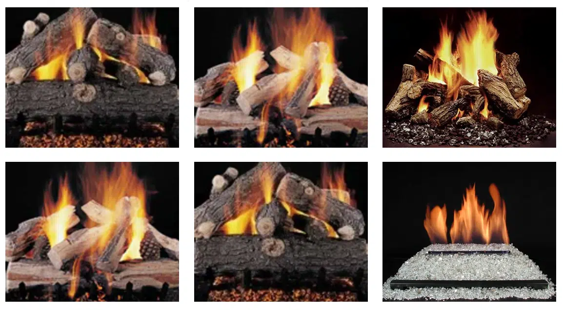 A collage of six images displaying different styles of fireplacesluding traditional wood-burning and modern gas log sets. Each square image depicts logs on fire with flames of varying sizes, colors, and arrangements. The bottom right image shows a rectangular fire pit with bright flames over glass pebbles.