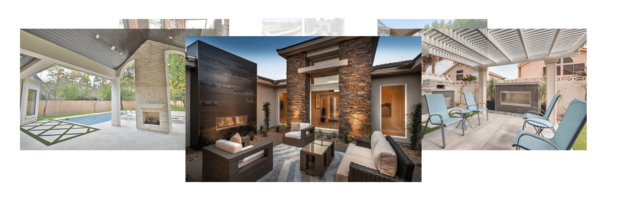 Three images of inviting outdoor living spaces. The first shows a covered patio with a pool. The second features a modern courtyard with seating and one of the fireplaces. The third displays a cozy patio with outdoor chairs and another charming fireplace.