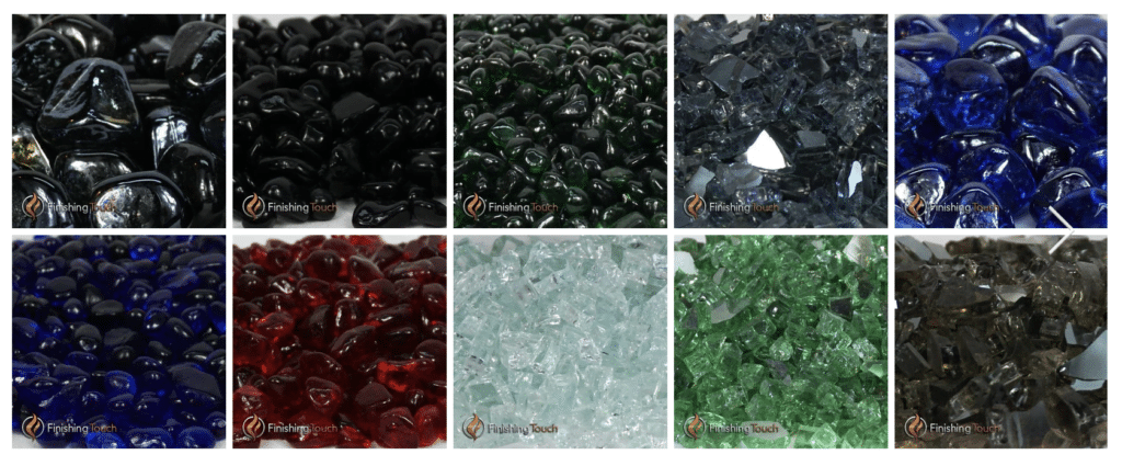 A collage of ten stunning images showcases various colored polished glass pieces. The colors from left to right and top to bottom are black, dark greenish-black, dark green, dark blue, blue, dark blue, red, light blue, green, and brown. Each image has a "Finishing Touch" logo that adds a fiery elegance.