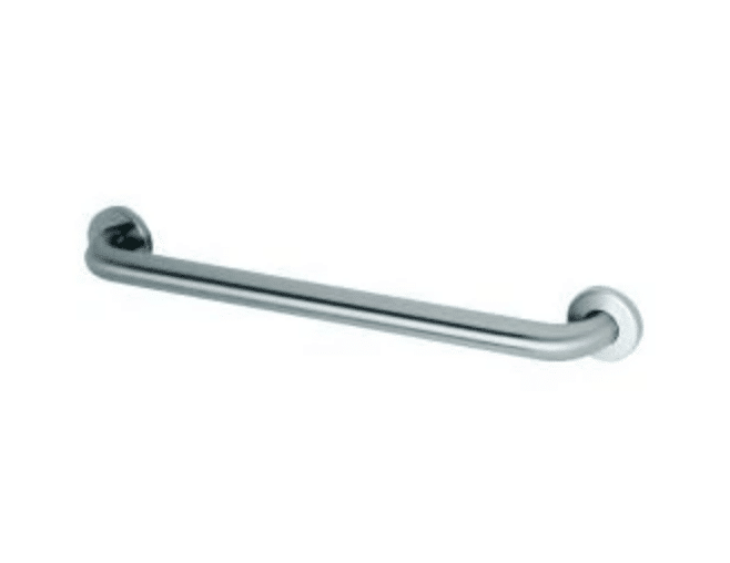 A silver metal safety handrail is mounted horizontally on a white wall, featuring slightly curved ends attached to circular wall mounts. The grab bar provides support and stability, typically used in bathrooms for enhanced safety.