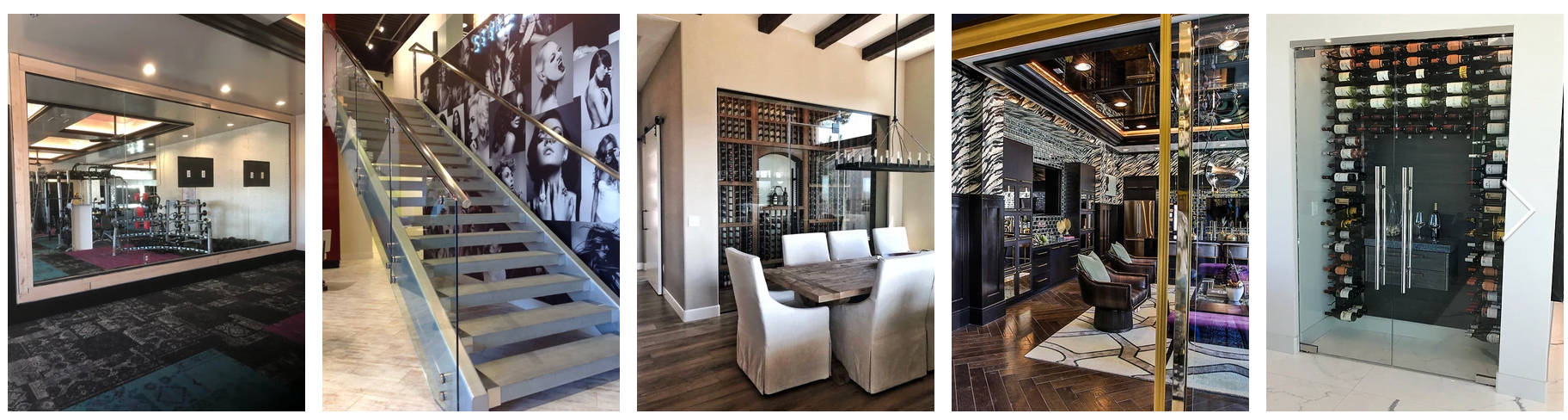 A collage of five images showing various luxurious home interiors: a modern gym with wall mirrors, a contemporary staircase with a photo mural, a dining room with a wooden table and white chairs, an opulent living room with patterned walls, and a stylish wine cellar featuring custom glass.