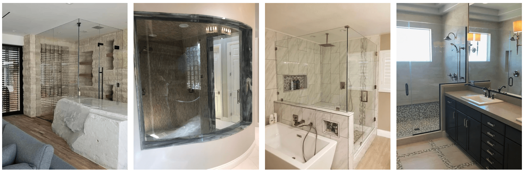 A collage of four distinct modern bathrooms with glass shower enclosures. Each features contemporary fixtures including rainfall showerheads, tiled walls, and large mirrors. The designs vary in tile patterns, colors, and additional elements like bathtubs and dual sinks—perfect for home improvement inspiration.