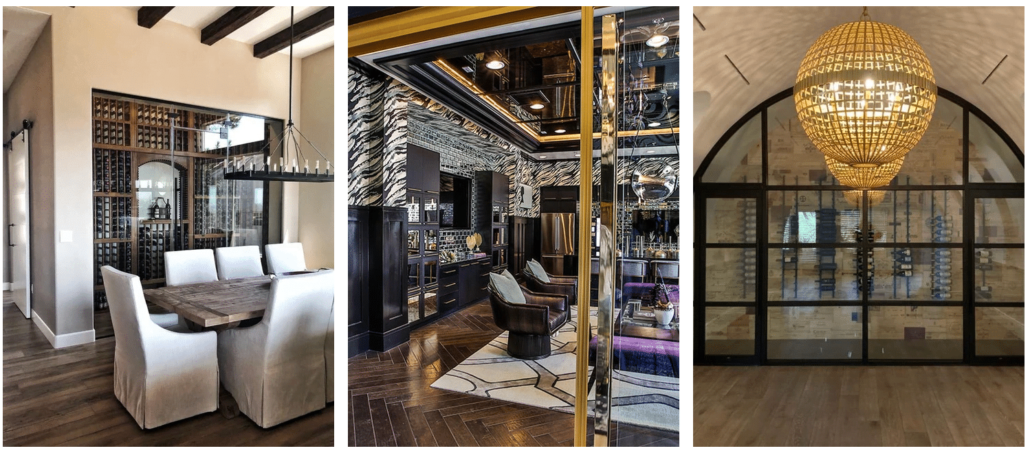 A triptych image featuring three wine cellars. Left: A wine cellar with a rustic wooden table and white upholstered chairs. Center: A luxurious wine cellar with zebra-patterned walls, stylish furniture, and glass wall partitions. Right: A large wine cellar with an ornate chandelier.