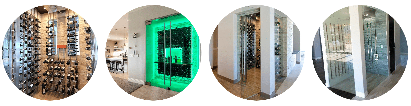 A collage of four sleek wine cellars with modern designs. Each cellar boasts glass doors and metal wine racks displaying various wine bottles. One features a vibrant green lighting effect, while the others have neutral tones and well-lit interiors.