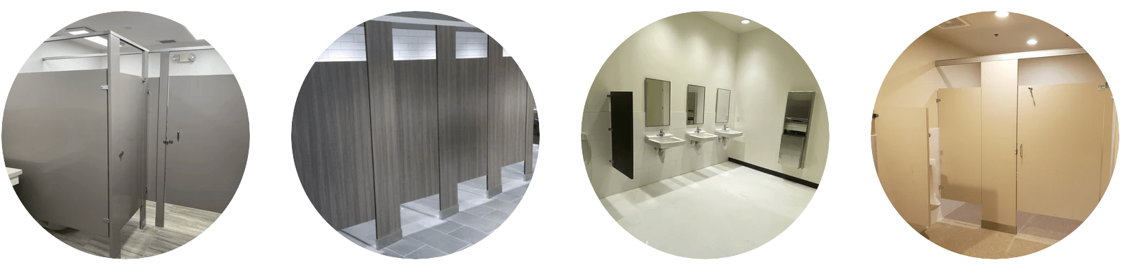 A collage of four restroom images. The first two display bathroom stalls with various door designs and materials. The third highlights a restroom with three sinks and mirrors. The fourth showcases bathroom stalls with light-colored partitions.