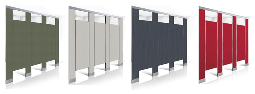 A row of four sets of bathroom partitions with different colored doors creates a vivid display. From left to right, the door colors are green, beige, dark gray, and red. Each stall has a rectangular cutout at the top and metallic legs at the bottom.