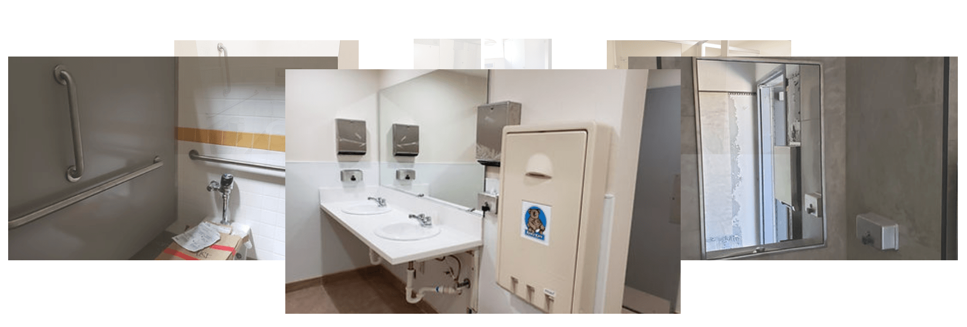 A collage of images showing features of accessible bathrooms, including commercial bathroom supplies like grab bars near a toilet, sinks with mirrors and paper towel dispensers, and a shower area with assistive devices. The images highlight facilities designed to aid individuals with disabilities.